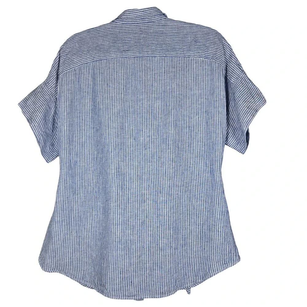 Lauren Ralph Lauren Shirt L Blue White Striped 100% Linen Tie Front Short Sleeve - Picture 2 of 11